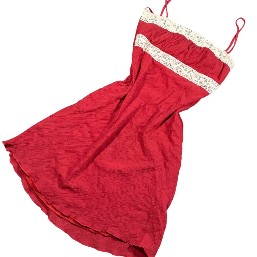 Y2 am Charlotte Russe Red Cotton Gauze Beaded Lace Mini Dress Womens Medium USA